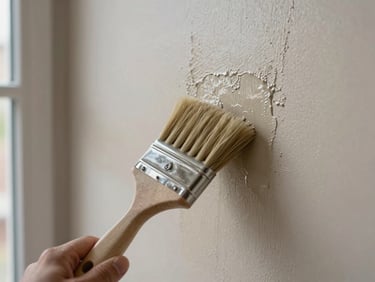 Close-up overhead shot of a brush applying a warm greige latex coat to a smooth interior wall, bristle marks visible at the wet edge, natural daylight from a side window, no people visible — only the tool and surface