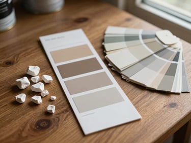 Overhead study on a wooden table of paint material samples — small plaster chips, a swatch card of matte neutrals, and a colour fan deck open to warm greys and greiges, soft north-facing window light, no people