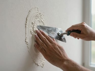 Hands smoothing decorative stucco onto a wall with a flat steel trowel, close-up of texture forming under the blade, diffuse daylight from a high window, fine plaster particles in the air
