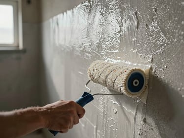 Close-up of a waterproofing membrane being applied with a roller to a damp cellar wall, natural light from a small high window, surface showing wet sheen of fresh treatment