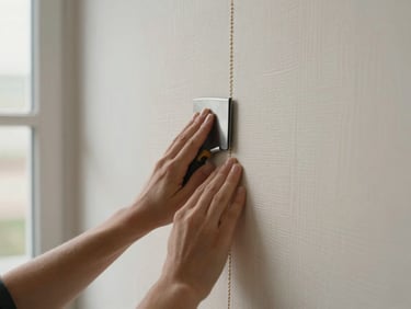 Hands pressing a seam of wallpaper flat against a wall using a smoothing tool, natural overcast daylight from a window at left, pattern partially visible — a subtle geometric repeat in warm ivory tones, no people's faces shown