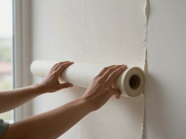 Roll of textured wallpaper being aligned along a freshly pasted wall, hands pressing the seam flat, overcast window light casting soft shadows, pattern edge sharp and precise