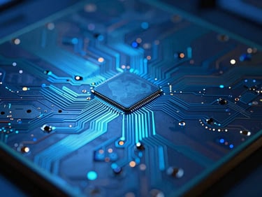 Macro focus on silicon wafer circuits with electric blue and cyan light reflections, technical precision, 35mm