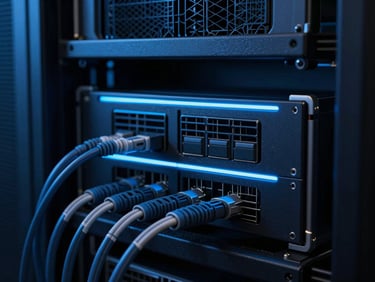 Extreme close-up of server racks with clean cable management, cool-toned low-key studio lighting with sharp neon blue rim lights, 35mm