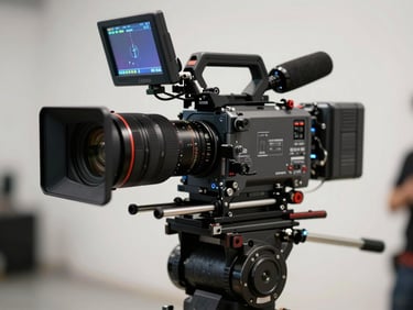 Behind-the-scenes of a commercial set, high-end cinema camera on a dolly, glowing monitors, sharp focus on the lens.