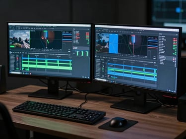 A modern digital editing suite in a dark room, glowing dual monitors showing color grading interfaces with neon green and blue signals.
