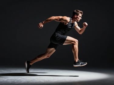 High-contrast commercial photography setup, a sports athlete in mid-motion under sharp spotlight, dramatic shadows, dark background.