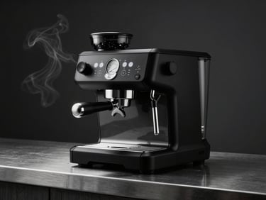 Sleek matte black espresso machine on a brushed steel counter, steam rising, high-contrast dramatic studio lighting.