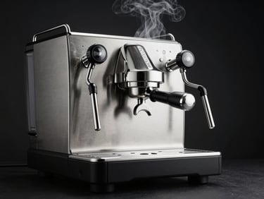 Sleek professional espresso machine with steam rising, brushed stainless steel texture, low-key dramatic studio lighting