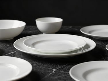 Close-up of premium porcelain tableware on a dark marble table, dramatic directional side lighting, minimalist luxury restaurant setting.
