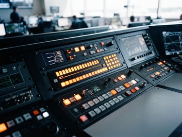 Architectural close-up of a modern mission control console with sharp orange indicator lights and structured layout, high-contrast, 35mm lens