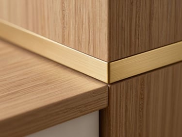 Close-up architectural detail of a custom wooden joint and brushed champagne-gold inlay, warm natural side lighting, precise craftsmanship