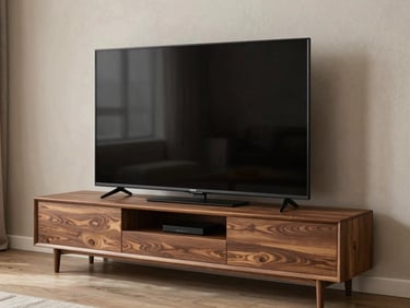 Geniş bir salonda duvara entegre ahşap TV ünitesi, yan tarafta büyük ebatlı premium porselen seramik kaplama duvar, gizli ışıklandırma.