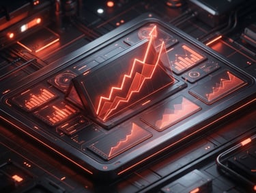 Sleek 3D tech render of a marketing performance dashboard with sharp upward trending line graphs, dark metallic UI surfaces, glowing orange-red ambient light, isometric depth, high-contrast premium feel.