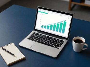 Overhead shot of a sleek desk with a laptop displaying a growth chart, coffee cup, and minimalist notepad, warm office lighting, deep blue and teal accents.