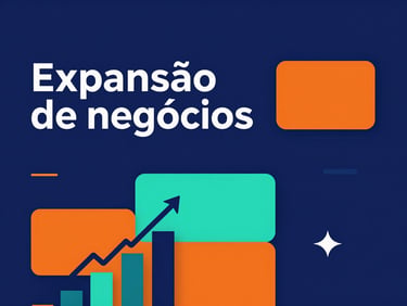 Capa de guia digital sobre expansão de negócios, design corporativo moderno, cores azul e laranja, com elementos gráficos de crescimento