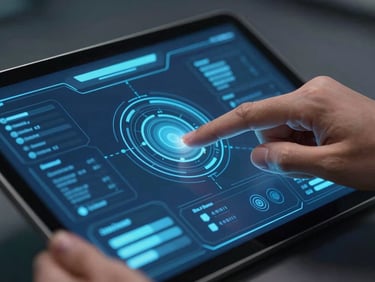 Close-up of a hand interacting with an AI dashboard on a tablet, futuristic interface, cool blue light, professional tech aesthetic.