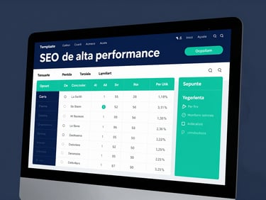 Mockup de template de planilha de SEO de alta performance, com gráficos e dados, cores azul e teal, em uma tela de computador moderna