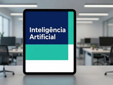 Capa de e-book digital sobre Inteligência Artificial, design limpo e corporativo, cores azul e teal, mockup 3D, em um ambiente de escritório moderno