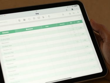 A clean, modern digital tablet displaying a clear companionship log report with warm green accents, showing structured daily notes and health metrics.