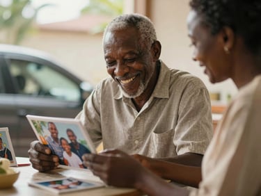 A happy Zimbabwean grandfather laughing while looking at family photos on a table with a carer, warm morning light.