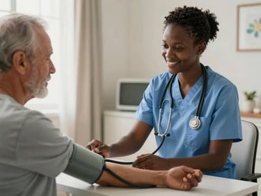A professional Zimbabwean carer in a neat uniform checking an elder's blood pressure with a gentle smile in a bright room.