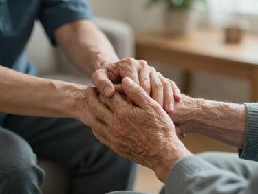 Close-up of a carer's hand gently clasping an elder's hand in respect, warm indoor light, soft focus background.