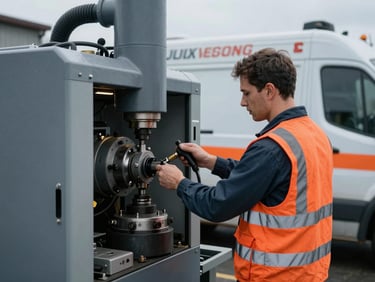 Technician performing routine maintenance on a large industrial machine, fully branded service vehicle visible in the background, crisp outdoor lighting, industrial editorial photography, cool slate and safety orange tones, sharp focus, 35mm.