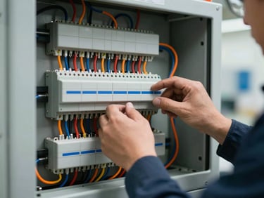 Close-up of a technician's hands working on an electrical control panel, wires and circuits visible, clean indoor utility room lighting, industrial editorial photography, cool slate and safety orange tones, sharp focus, 35mm.