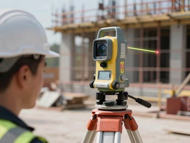 Engineers using digital leveling equipment and laser receivers on a tripod at an active construction site, high-contrast lighting