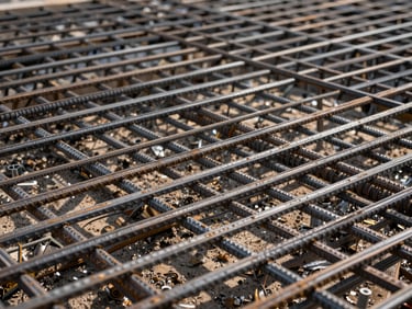 Close-up of heavy-duty industrial equipment foundation bed with thick steel reinforcement rebar grids