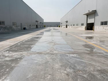 Wide-angle shot of a newly cured concrete road leading to a massive warehouse, highly reflective concrete surface, perfect alignment, bright daylight