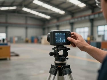 Close-up of a technical operator calibrating a digital laser receiver on a tripod, industrial warehouse concrete pouring in the background under dramatic steel-frame lighting.