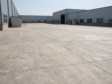 External view of a factory yard showing concrete pavements with neat expansion joints, clear sunny day