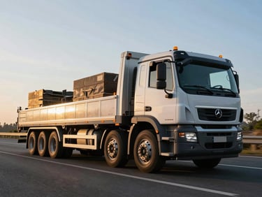 Low-angle shot of the side of a clean, well-maintained flatbed truck driving on a highway, carrying construction materials, dramatic early morning sunlight, sharp details, industrial editorial photography.
