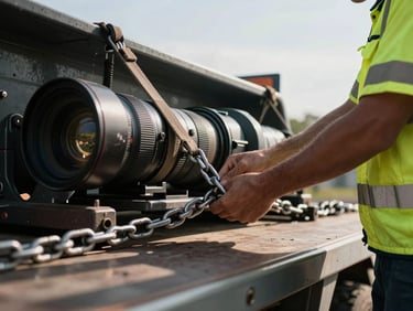Low-angle shot of a driver in high-visibility gear securing heavy machinery onto a flatbed with chains and binders, focused hands, hard daylight, industrial editorial photography, sharp details