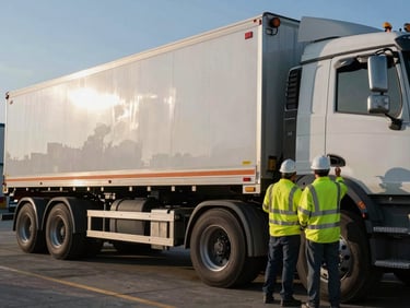 Side profile of a leader in high-visibility gear observing a flatbed truck being loaded, at the Red Oak facility, hard daylight, industrial editorial photography, sharp details