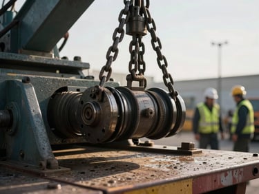 Close-up of rigging gear and chains securing heavy machinery on a flatbed, with a team member in high-visibility gear in the background, hard daylight, industrial editorial photography.