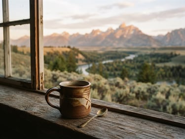 Rugged Wyoming landscape at golden hour, a single ceramic coffee mug in the foreground on a wooden surface, soft morning light, rich earthy tones, shallow depth of field, 35mm film style