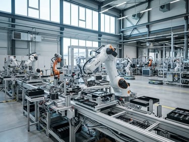 High-precision automated factory floor with robotic arms assembling components, bright natural daylight, crisp cool tones, 35mm architectural lens