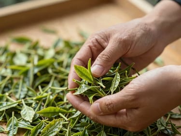 Close-up of farmer hands sorting freshly harvested green tea leaves in soft morning light, wooden surface in the background.