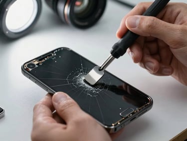 Extreme close-up of technician hands carefully lifting a cracked smartphone screen from its frame using a precision spudger, clean work bench, sharp studio lighting