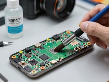 Close-up of a water-damaged smartphone motherboard being cleaned with isopropyl alcohol and a precision brush on an organized repair bench, controlled lighting