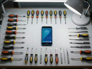 Wide-angle overhead view of a professional mobile repair workshop bench, precision screwdrivers, spudgers and tweezers laid in a neat row, a disassembled mid-range Android phone at center, clean organized surface under north-facing daylight and a bench lamp, no clutter