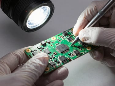 Macro close-up of a smartphone motherboard held by gloved technician hands under bright studio strobe, solder points and chips in sharp focus