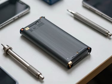 Close-up overhead shot of a genuine OEM smartphone battery beside precision tools on a clean white repair bench, soft north-facing daylight