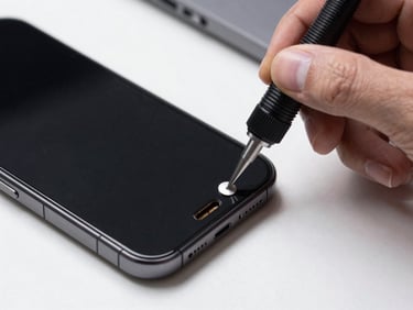 Overhead close-up of a smartphone charging port being inspected with a precision pick tool under bright bench lighting, clean organized workspace