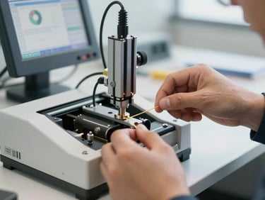 Close-up of a technician operating a high-precision fusion splicer inside a modern office, bright natural light, clean hands aligning fiber strands, diagnostic screen visible.