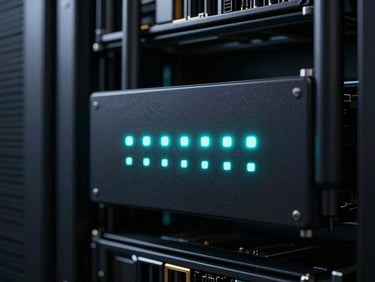 Macro shot of a high-tech wireless router's indicator panel, clean status LEDs glowing electric cyan in a dark, professional server room.