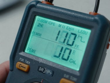 Close-up of a handheld optical power meter displaying diagnostic numbers in bright green, cool-toned ambient light reflecting off the screen.